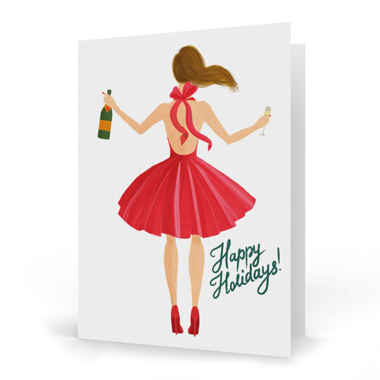 Brunette Holiday Girl with Champagne Folded Holiday Cards